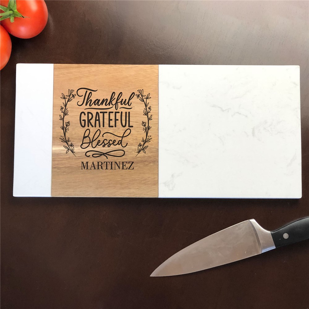 Engraved Thankful Grateful Blessed Marble & Acacia Wood Serving Board