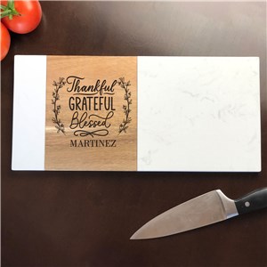 Engraved Thankful Grateful Blessed Marble & Acacia Wood Serving Board