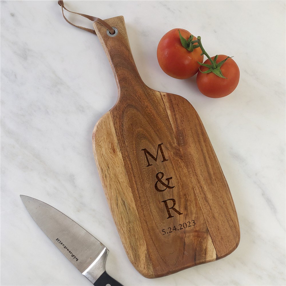 Engraved Couple's Initials Acacia Paddle Cutting Board 