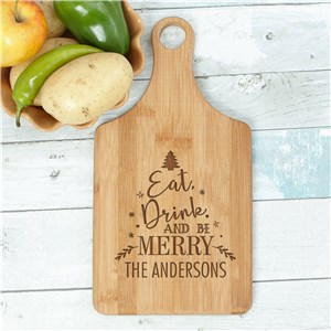 Eat, Drink & Be Merry Christmas Bamboo Paddle Cutting Board