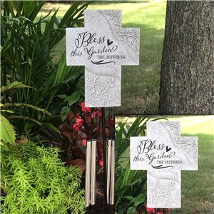 Engraved Bless This Garden Cross Stake Chime