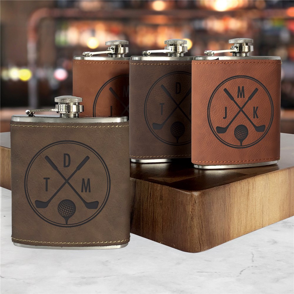 Engraved Monogram Golf Clubs Leatherette Flask L21431281X