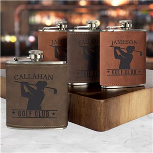 Engraved Golf Silhouette Club Name Leatherette Flask L21439281X