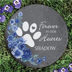 Personalized Blue Floral Pet Memorial Round Slate Garden Stone L24097414
