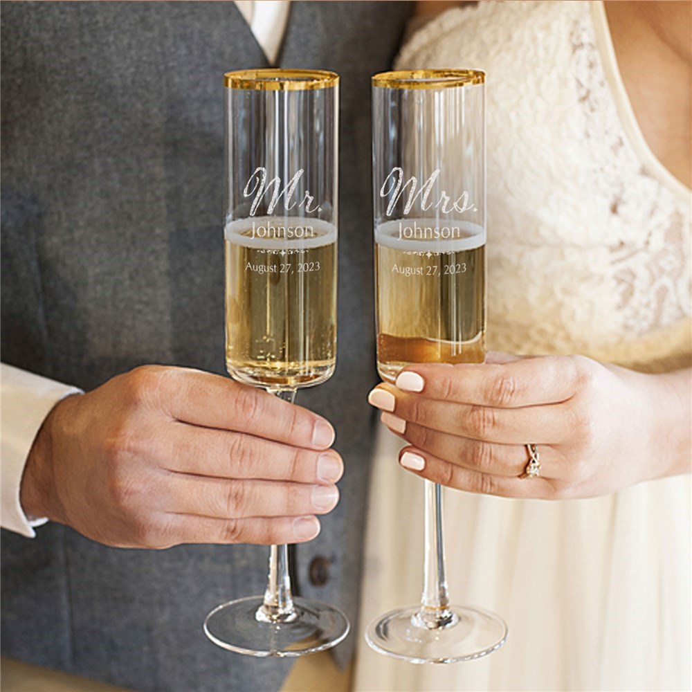 Engraved Mr. and Mrs. Wedding Gold Rim Champagne Flutes