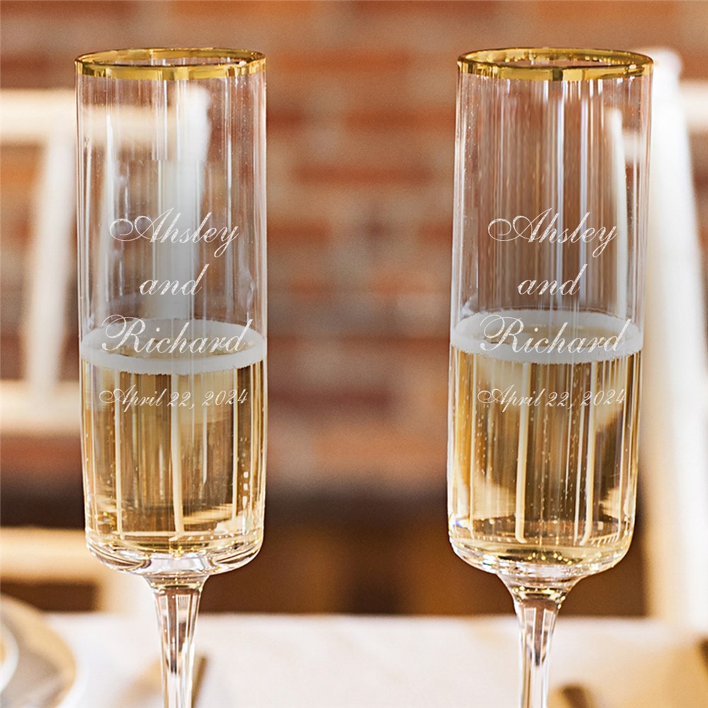 Engraved Wedding Couple Gold Rim Champagne Flutes