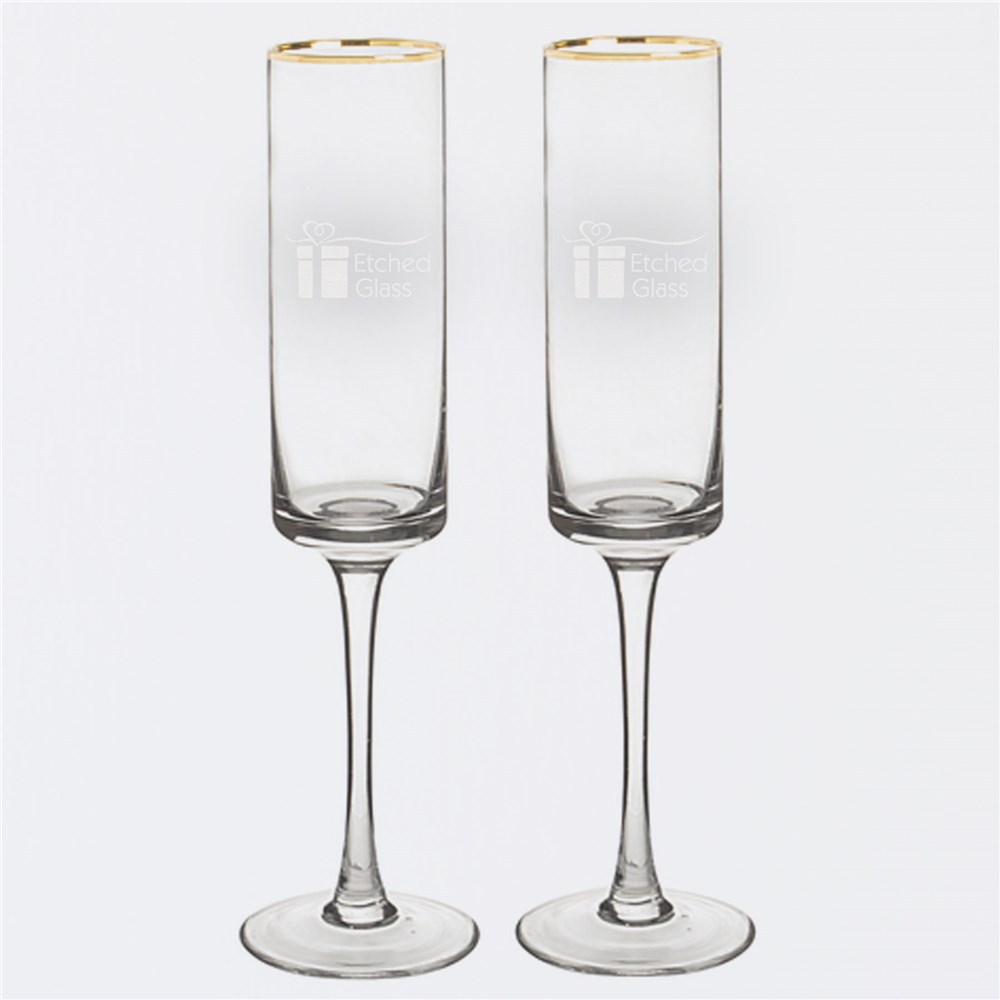 Engraved Wedding Couple Gold Rim Champagne Flutes