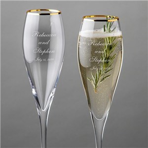 Engraved Wedding Couple Gold Rim Tulip Champagne Flute Set