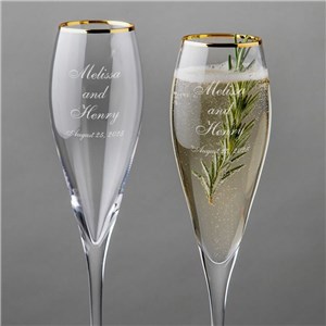 Engraved Wedding Couple Gold Rim Tulip Champagne Flute Set