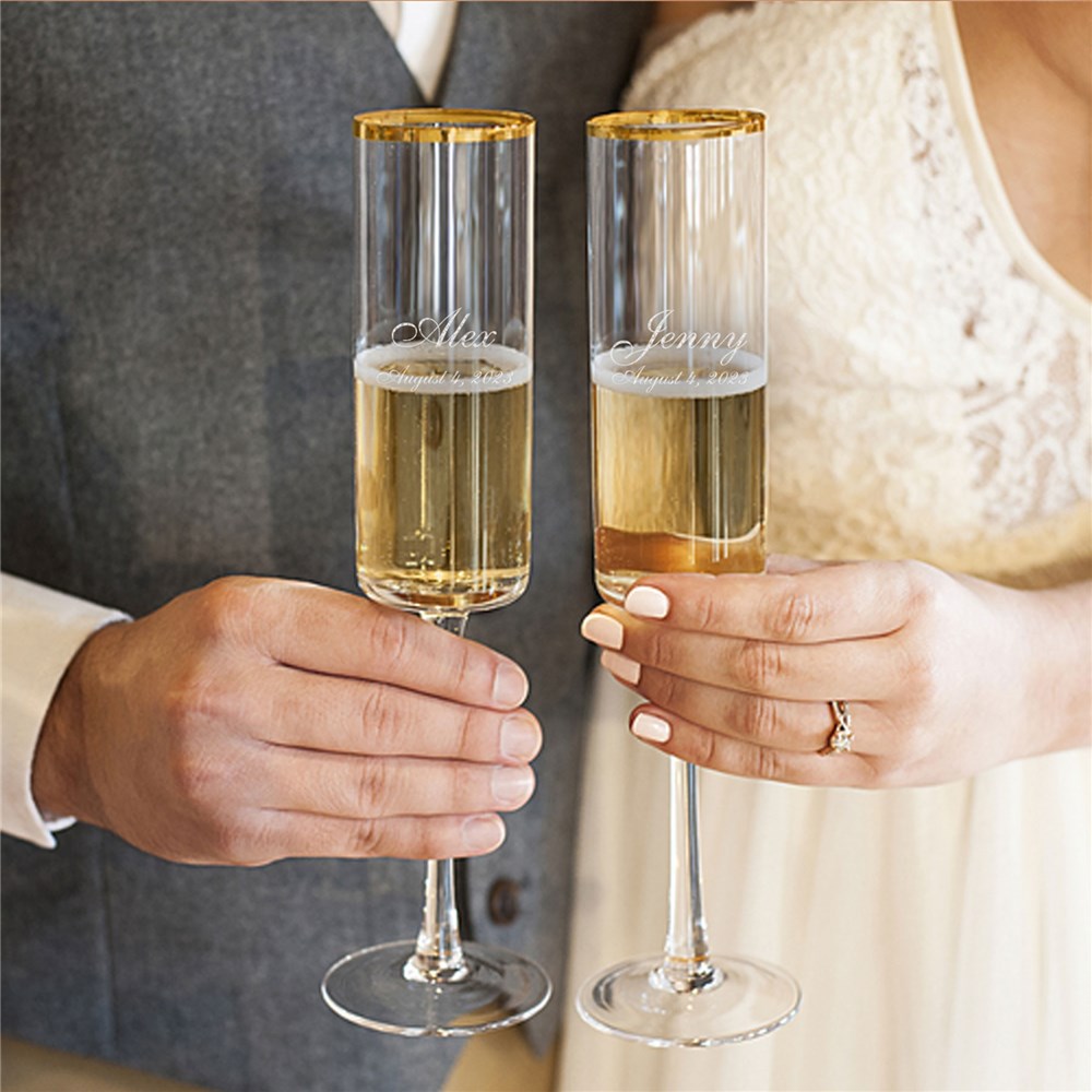 Engraved Wedding Toasting Gold Rim Champagne Flutes