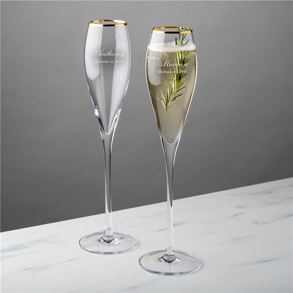 Engraved Wedding Toasting Gold Rim Tulip Champagne Flute Set
