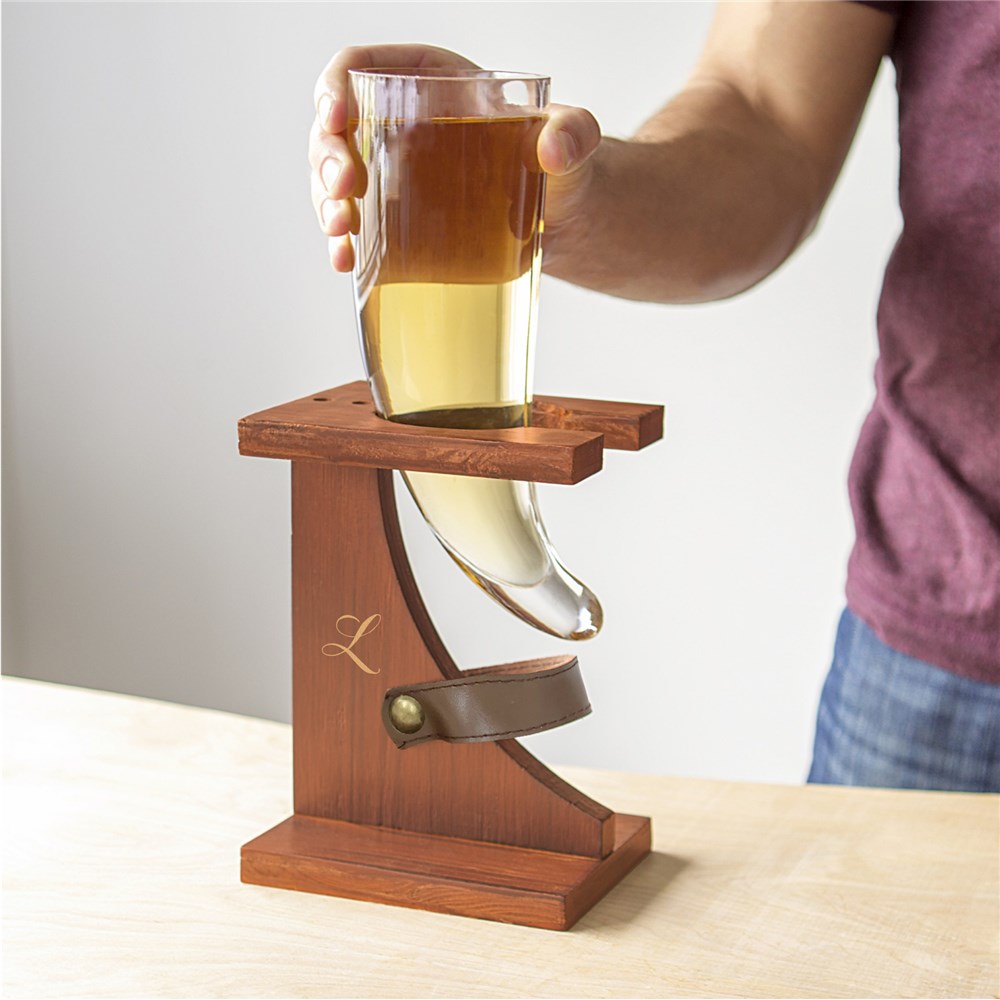 Engraved Horn Glass with Stand & Featuring Custom Initial