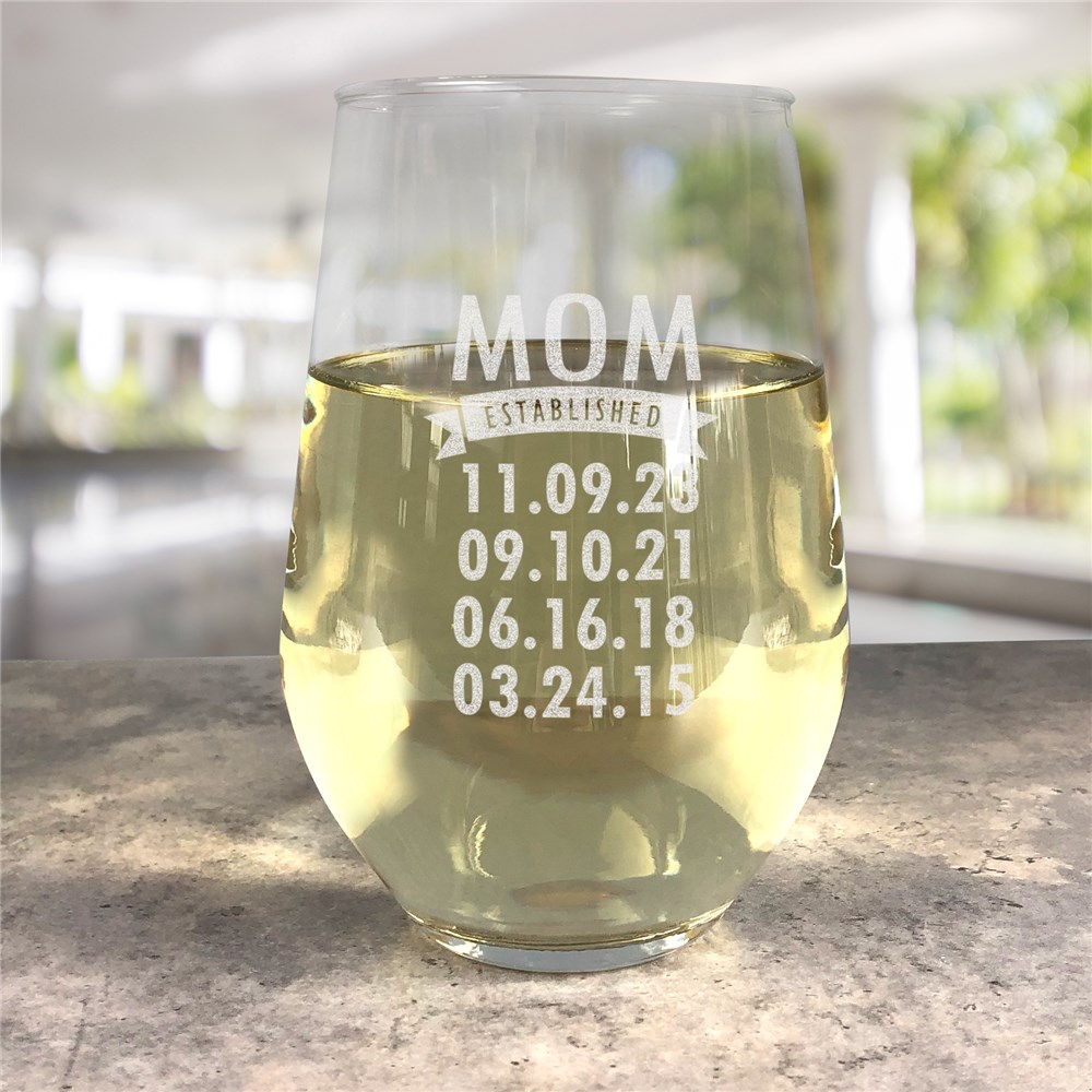 Engraved Mom Established Contemporary Stemless Wine Glass