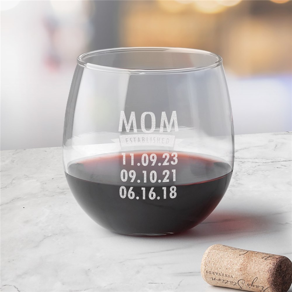 Engraved Mom Established Stemless Red Wine Glass