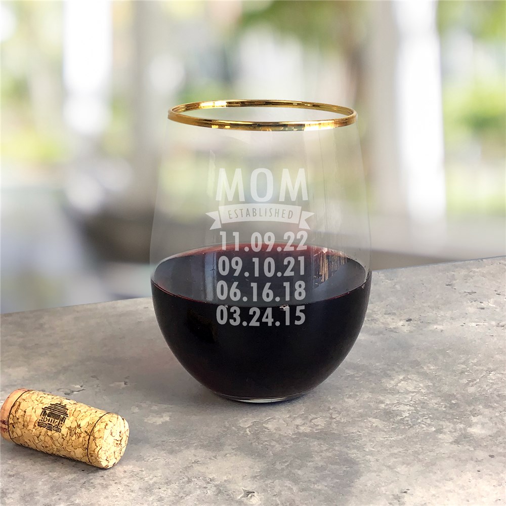 Engraved Mom Established Stemless Wine Glass with Gold Rim