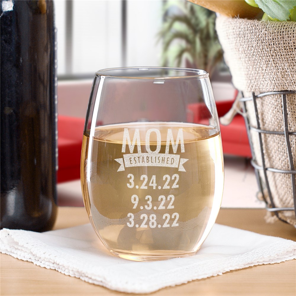 Engraved Mom Established Stemless Wine Glass | Mother's Day Gifts