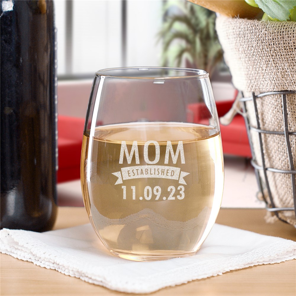 Engraved Mom Established Stemless Wine Glass | Mother's Day Gifts
