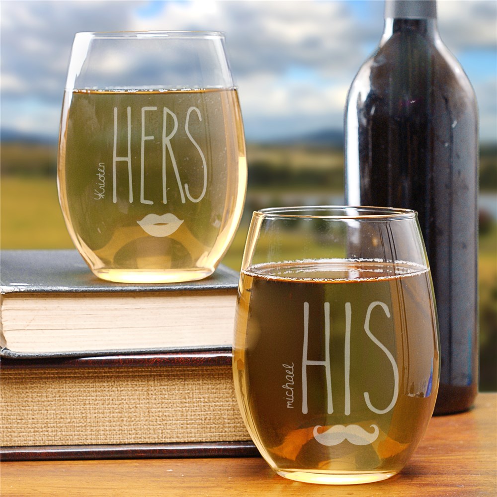 Engraved Couples Stemless Wine Glass Set | Romantic Home
