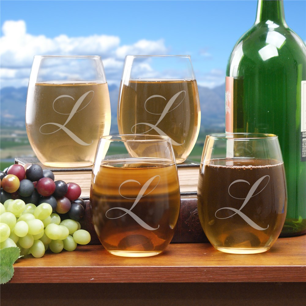 Engraved Initial Stemless Wine Glass Set GiftsForYouNow