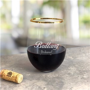 Engraved Bridal Party Gold Rim Stemless Wine Glass