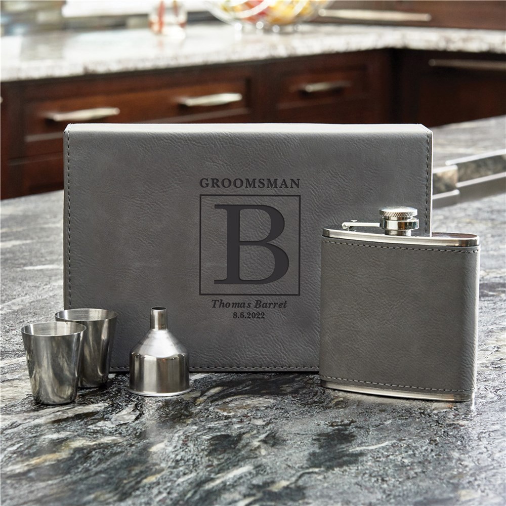 Personalized Grey Leather Flask Set GiftsForYouNow