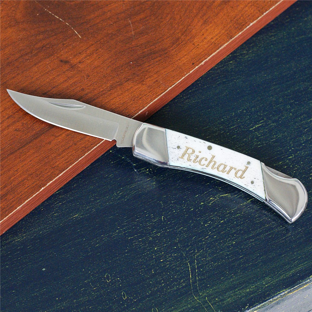 Engraved White Bone Folding Knife | Unique Groomsmen Gifts