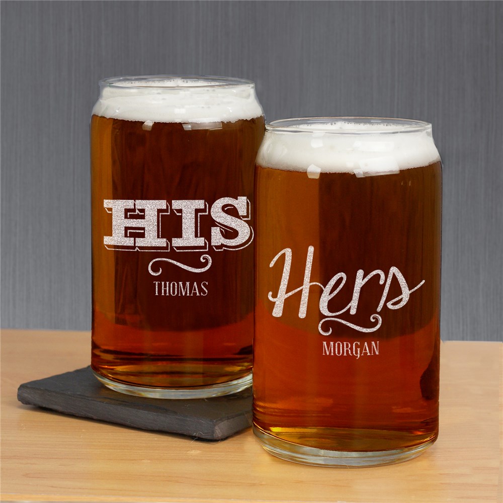 Engraved His or Hers Beer Can Glass Set | Romantic Home