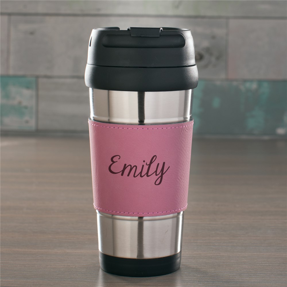 Any Name Pink Leatherette Engraved Travel Mug GiftsForYouNow