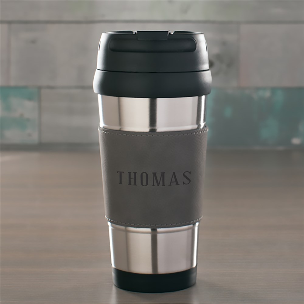 Engraved Any Name Grey Leatherette Travel Mug GiftsForYouNow