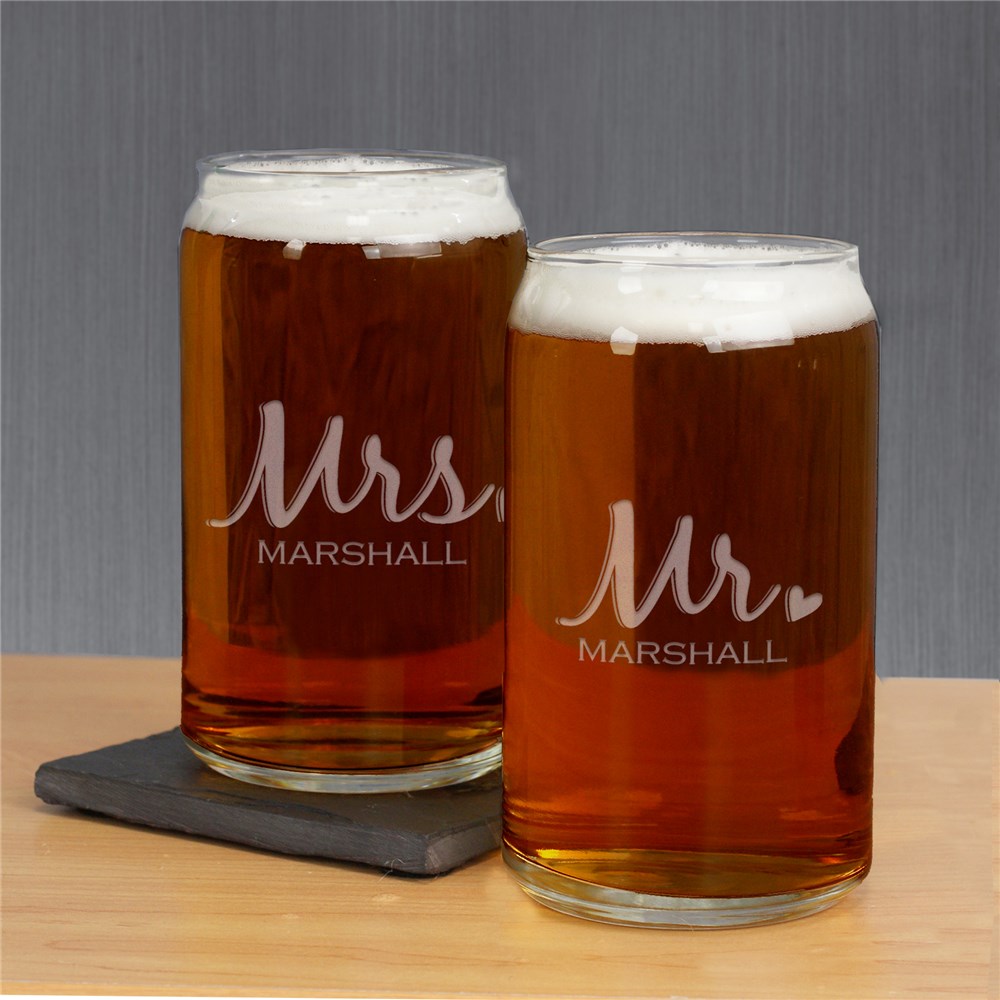 Engraved Mr & Mrs Beer Can Glass | Personalized Couple Gifts