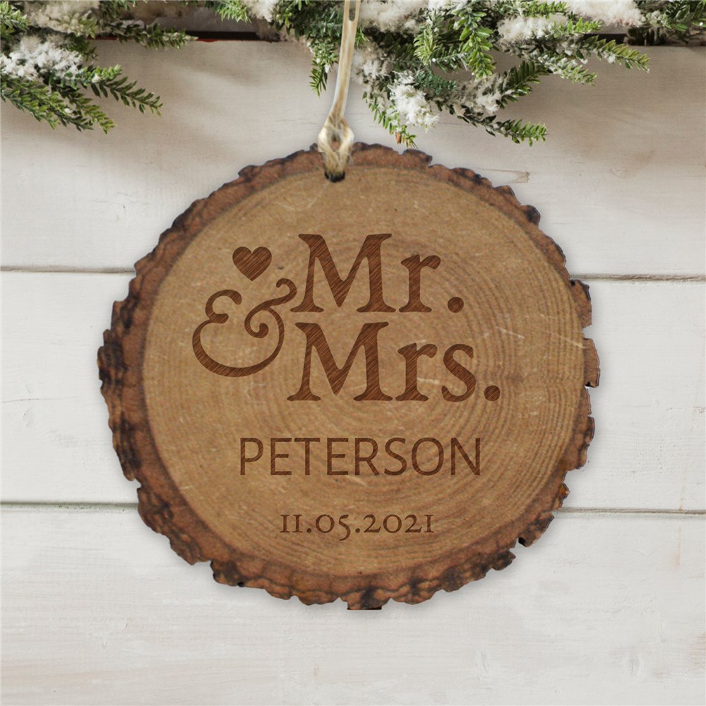 Personalized Mr. and Mrs. Round Rustic Wood Ornament | Personalized Couples Ornament
