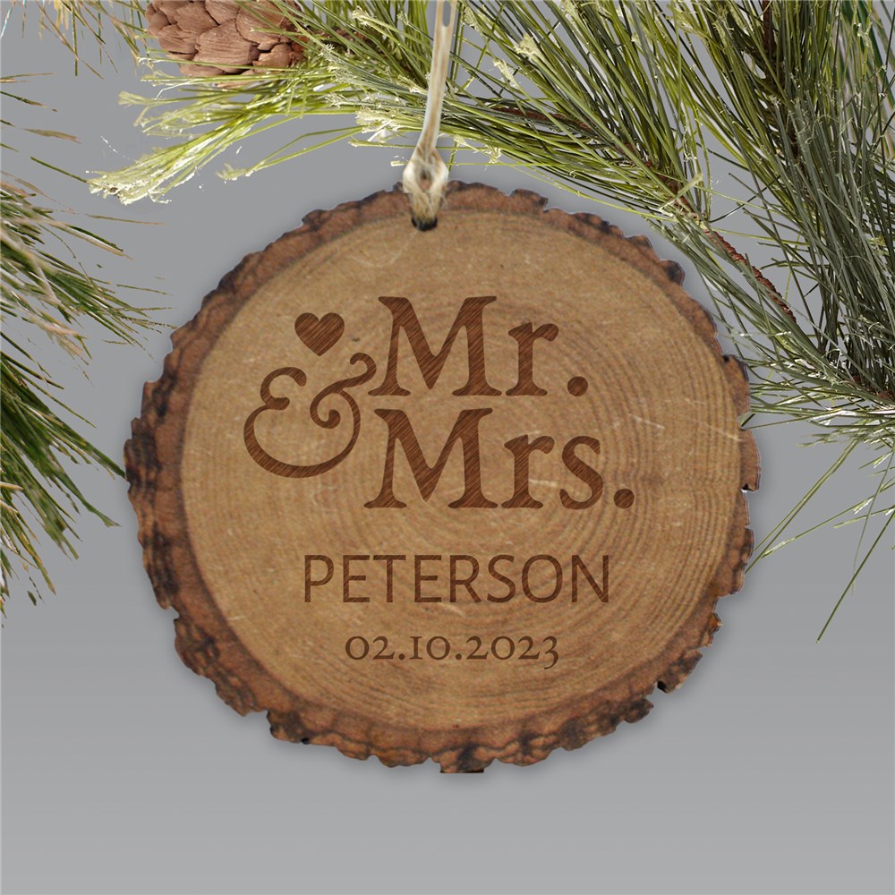 Personalized Mr. and Mrs. Round Rustic Wood Ornament | Personalized Couples Ornament