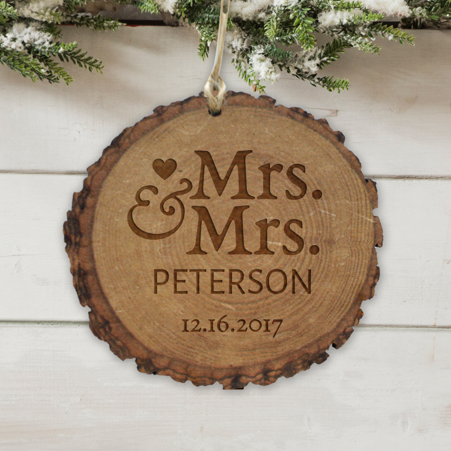 Personalized Mr. and Mrs. Round Rustic Wood Ornament