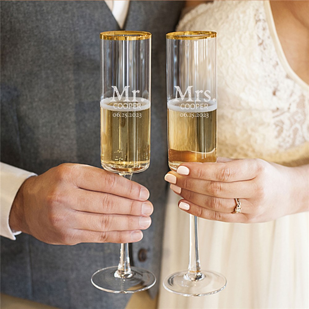 Engraved Mr. and Mrs. Toasting Gold Rim Champagne Flutes 