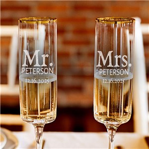 Engraved Mr. and Mrs. Toasting Gold Rim Champagne Flutes