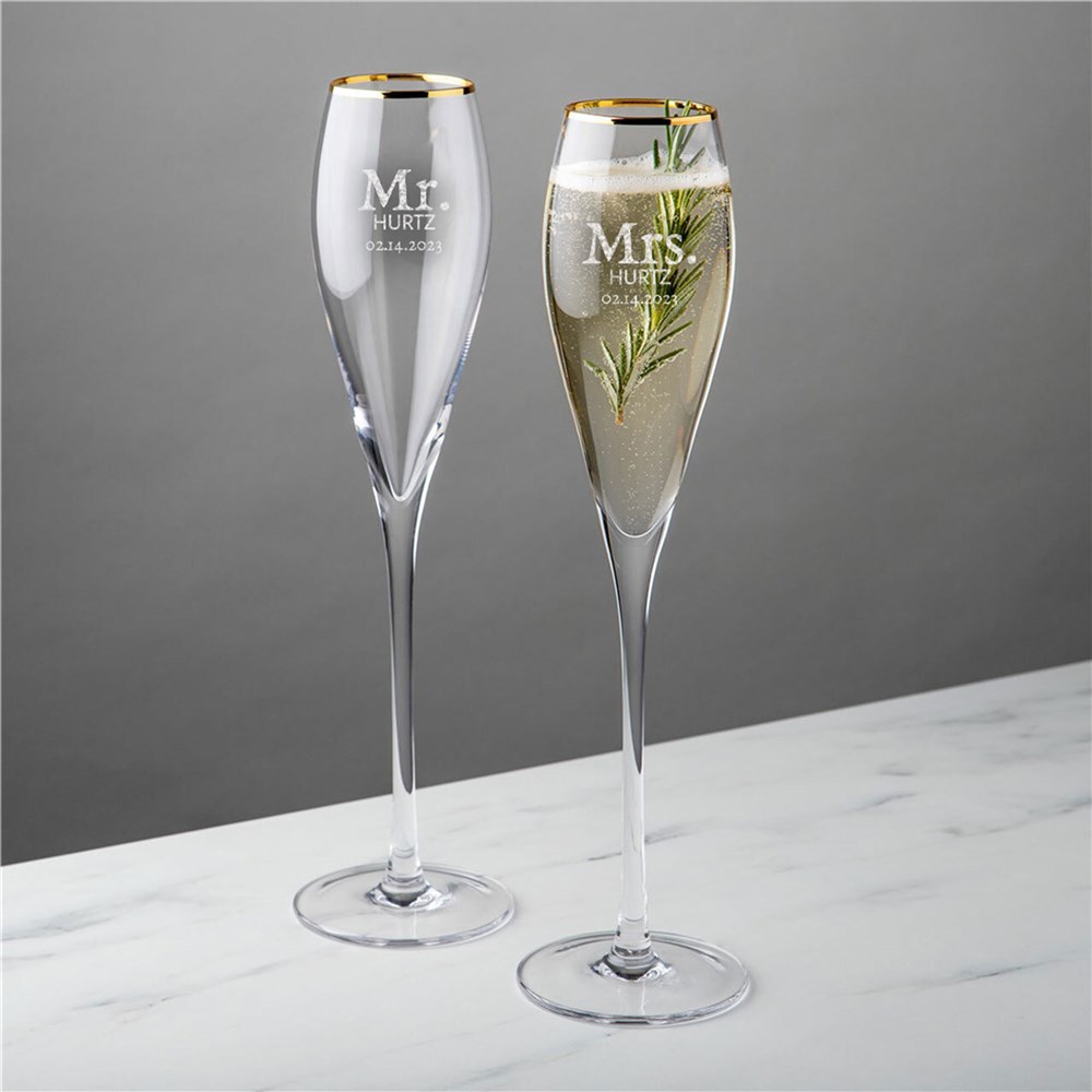 Engraved Mr. and Mrs. Toasting Gold Rim Tulip Champagne Flute Set