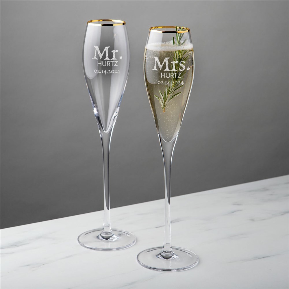 Engraved Mr. And Mrs. Champagne Flutes With Gold Rim