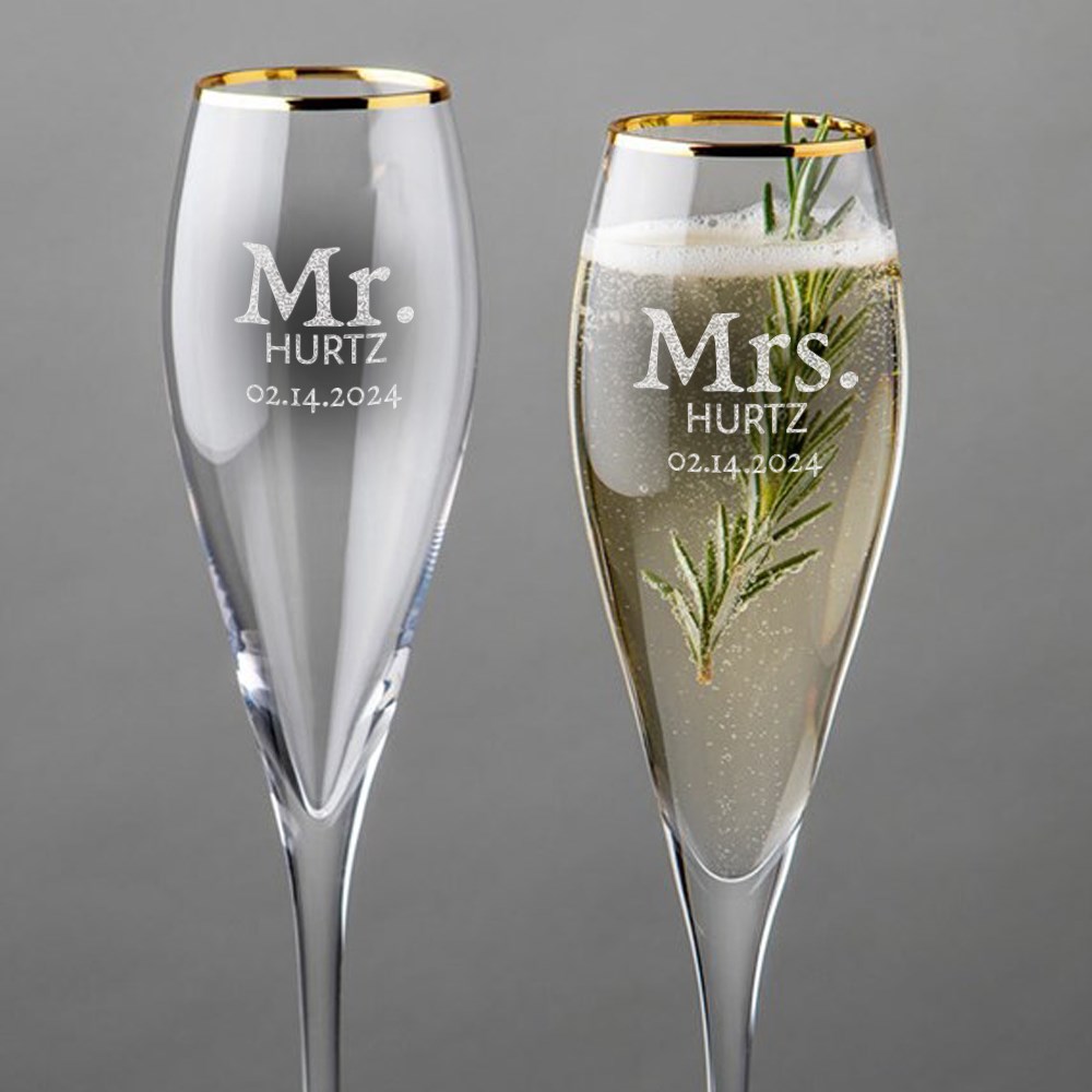 Engraved Mr. And Mrs. Champagne Flutes With Gold Rim
