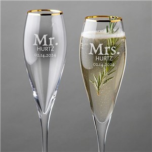 Engraved Mr. and Mrs. Toasting Gold Rim Tulip Champagne Flute Set