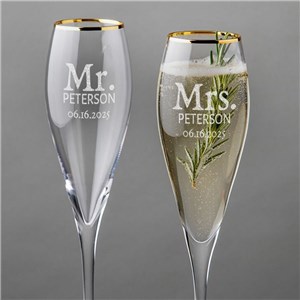 Engraved Mr. and Mrs. Toasting Gold Rim Tulip Champagne Flute Set
