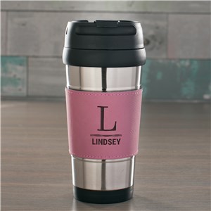 Engraved Initial and Name Pink Leather Travel Mug | Personalized Travel Mugs