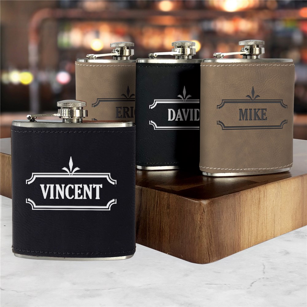 Engraved Ornate Border With Name Leatherette Flask LP14785281X