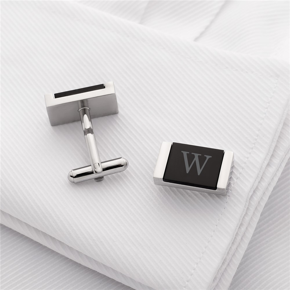 Engraved with Initial Black Stone Cufflinks