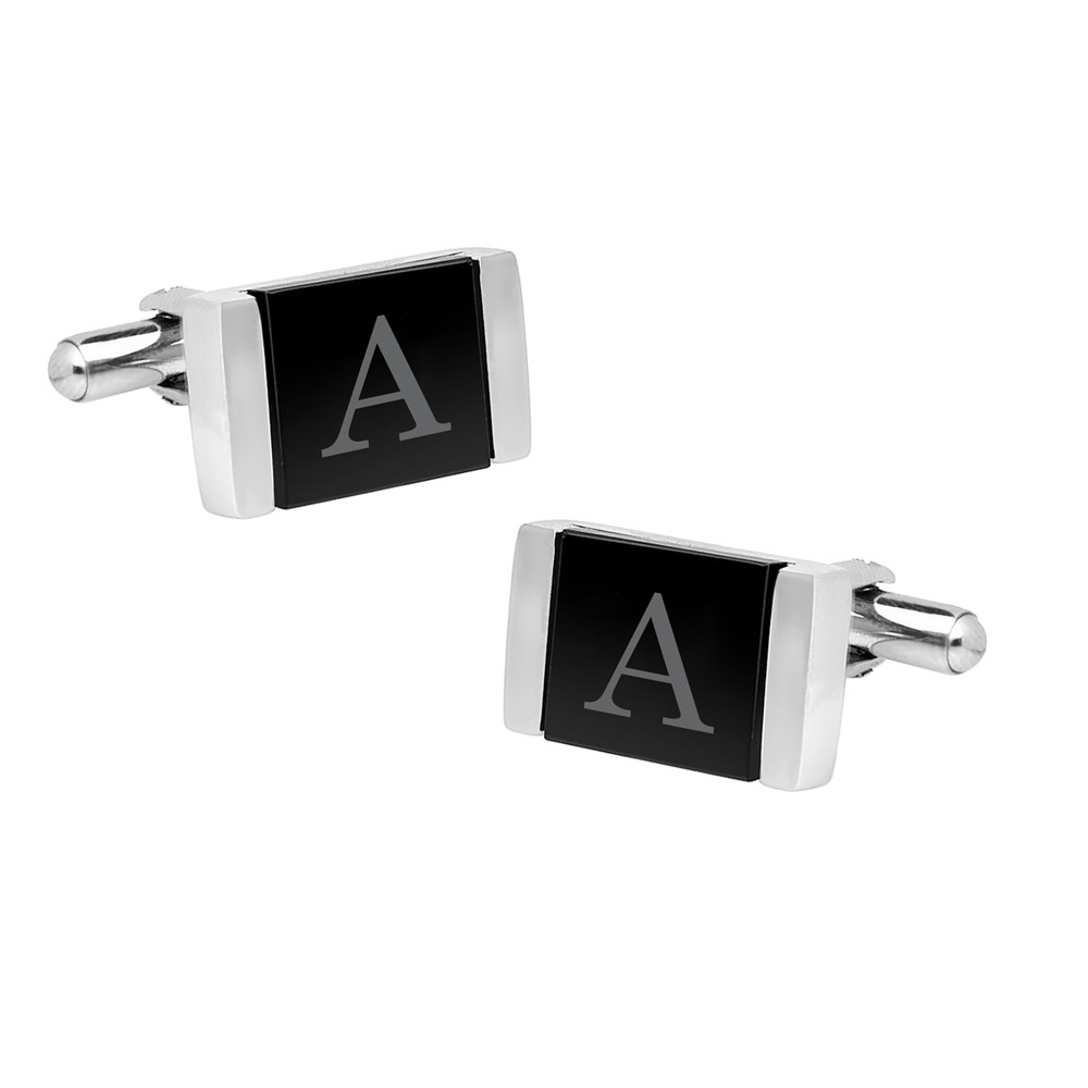 Engraved with Initial Black Stone Cufflinks