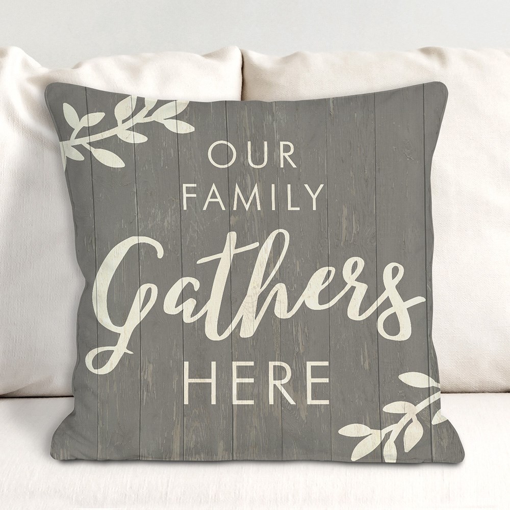 Family Gathers Here Throw Pillow | Personalized Throw Pillows