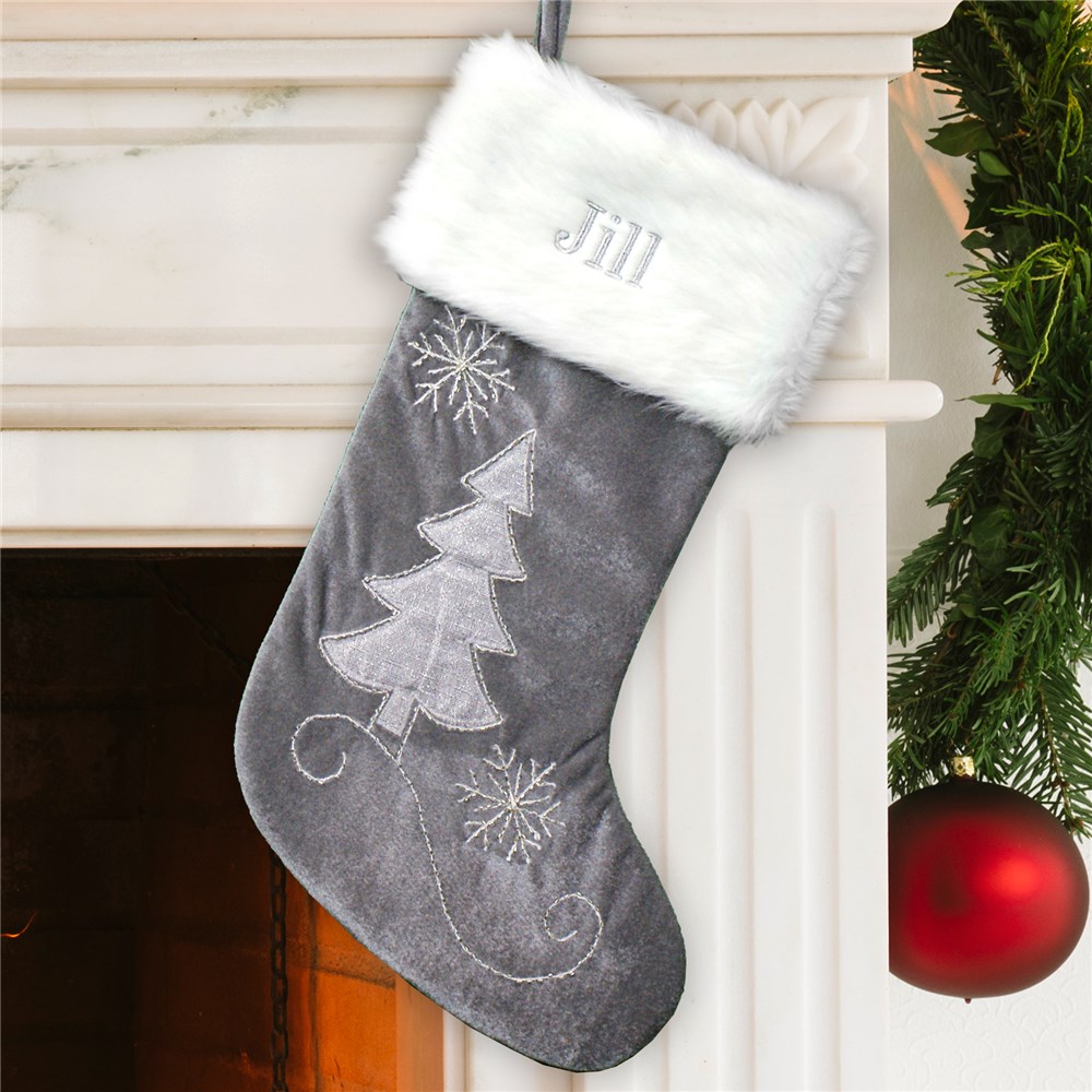 Embroidered Grey Velvet with Silver Beading Stocking | Personalized Christmas Stockings