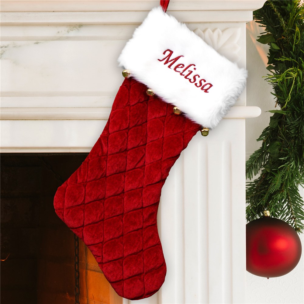 Embroidered Red Quilted Stocking with Bells GiftsForYouNow