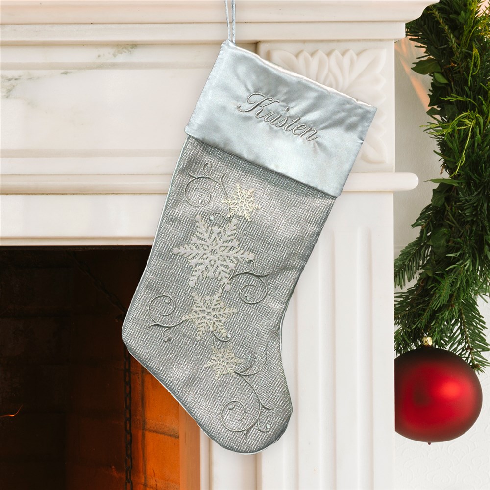 Embroidered Silver Snowflake Stocking GiftsForYouNow