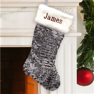 Embroidered Silver Sequin Stocking with Fur Cuff | Personalized Stocking