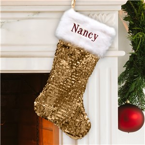 Embroidered Gold Sequin Stocking with Fur Cuff | Unique Christmas Stockings